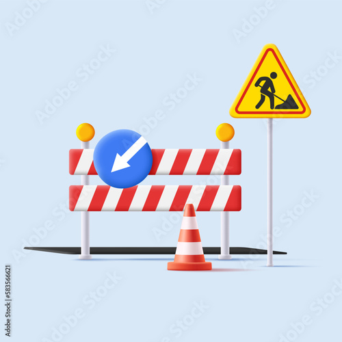 3d illustration od street road sign of reparation road works with detour and striped barrier with cone and lights