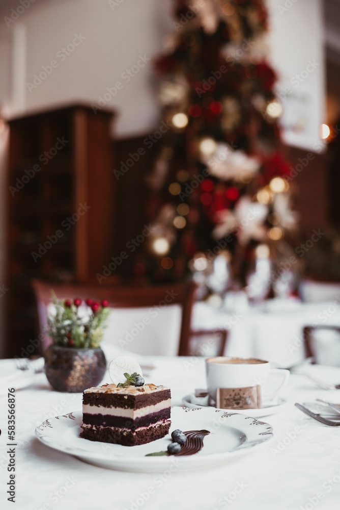 Chocolate cake on Christmas table Chocolate cake on Christmas table