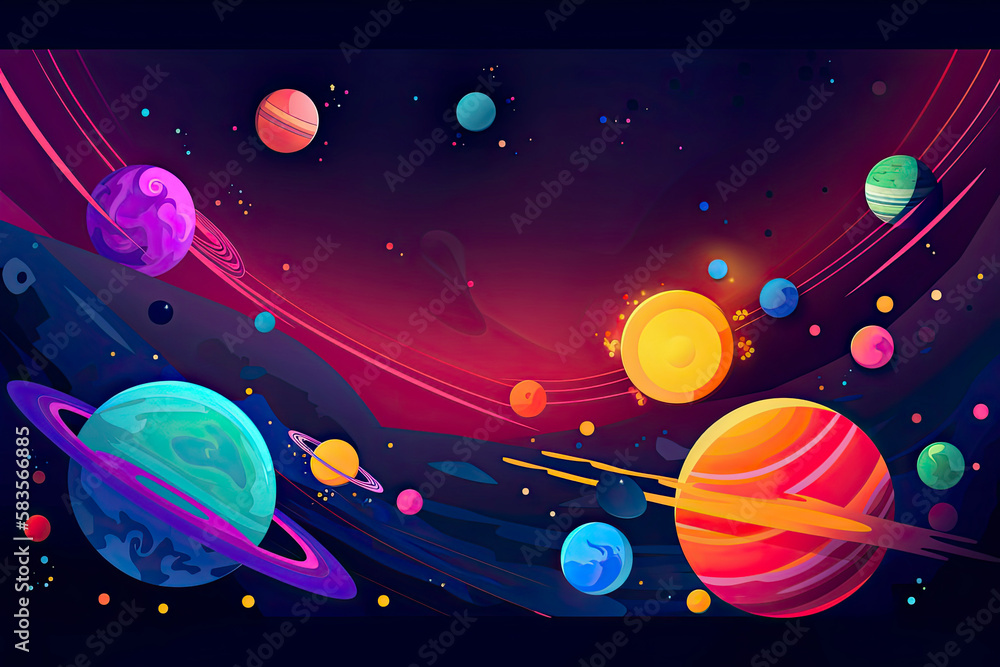 a colorful space scene with planets, astroids, stars, nebulas and comets. Concept and background related to space, space exploration and observation and astronomy