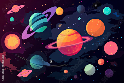 a colorful space scene with planets, astroids, stars, nebulas and comets. Concept and background related to space, space exploration and observation and astronomy © surassawadee
