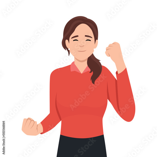 Winning gesture of happy confident woman expressing positive emotion. Successful smiling female character showing strength with fists up