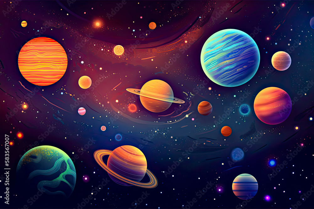 Fototapeta premium a colorful space scene with planets, astroids, stars, nebulas and comets. Concept and background related to space, space exploration and observation and astronomy