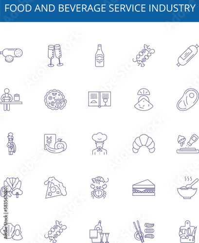 Food and beverage service industry line icons signs set. Design collection of Dining, Beverage, Cuisine, Catering, Snacks, Bars, Restaurants, Banqueting outline concept vector illustrations