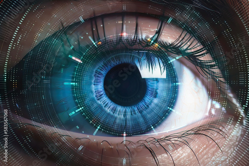 Close up of a human's eye with digital green matrix coding. Data hacker concept. Artificial intelligence concept, Generative, AI