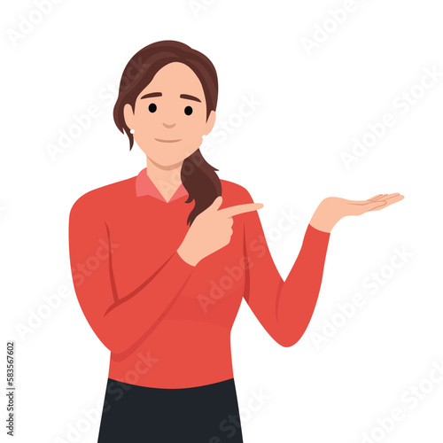Beautiful woman showing and pointing fingers upper left and right corner with happy expression advices use this copy space