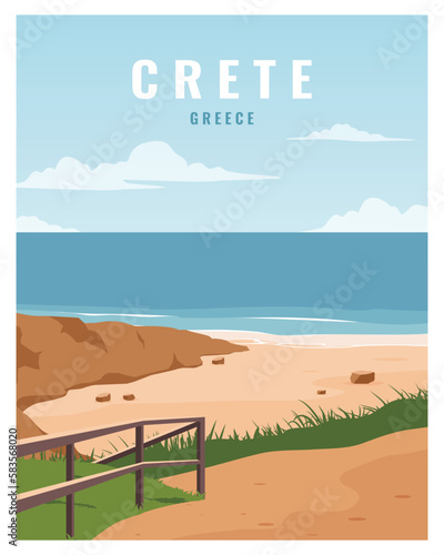 Scenic view of beach in crete Greece. vector illustration landscape background suitable for poster, postcard, card, print.