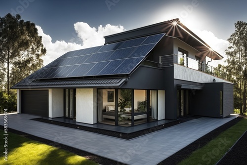 Solar panels on modern house roof, modern eco-living, AI generated