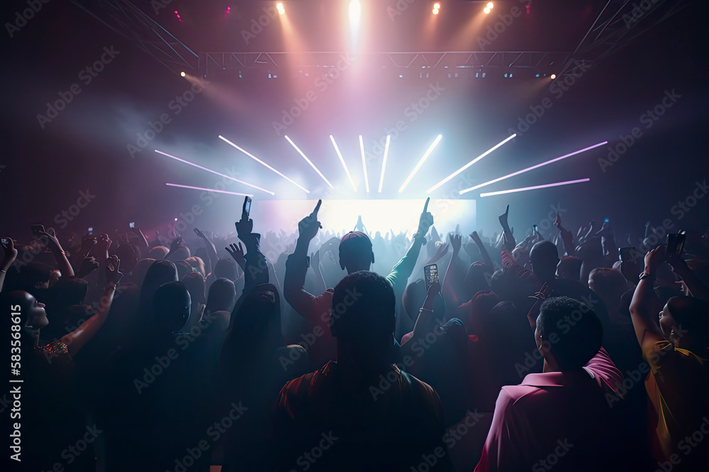 Future of crowded concert hall on stage with scene stage lights, rock show performance