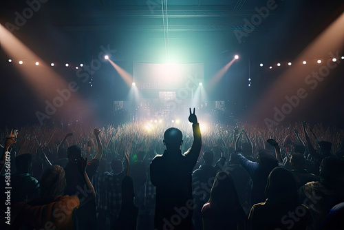 Future of crowded concert hall on stage with scene stage lights  rock show performance