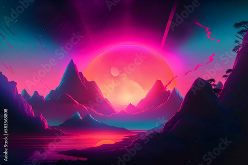 Surrealistic landscape, 80s airbrush style, dream illustration, 
 Generative AI	 photo