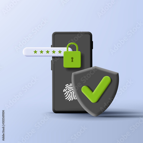 3d render illustration of a smartphone with fingerprint password with protection shield and padlock