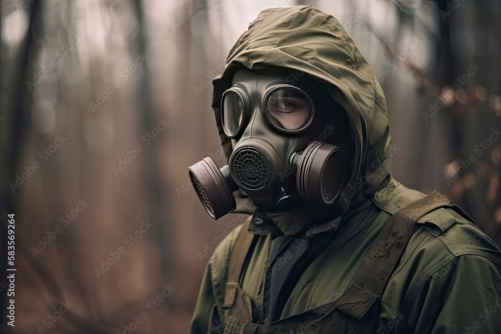 Man with a gas mask, nuclear war and environmental disaster, radioactivity catastrophe, military equipment Man with a gas mask, nuclear war and environmental disaster, radioactivity catastrophe, military equipment