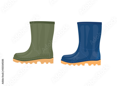 Green and blue rain boots on the white background