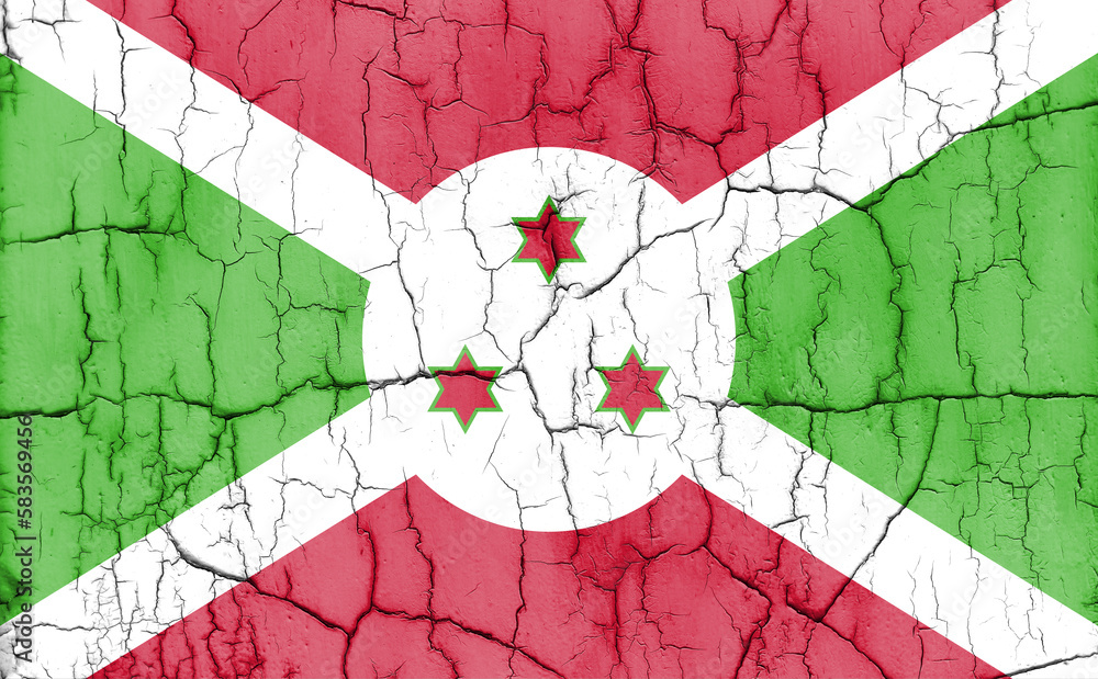 Flag of Burundi on cracked wall, textured background.