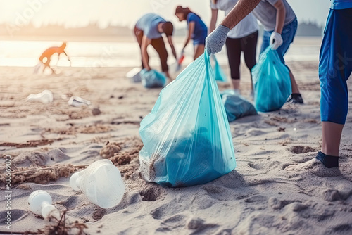 a group of unrecognizable people collecting garbage from the beach in blue bags for the problem of plastic pollution in the environment
