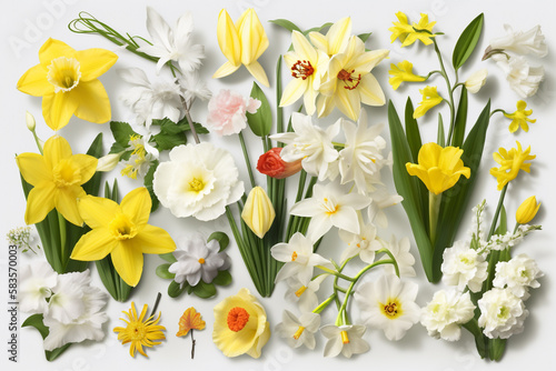flat view of different spring flowers on white background. Generative AI