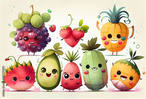 Watercolor Illustration of a Happy Fruits, Cute Cartoon 3D Collection, Simple Background, Illustration. Generative AI