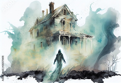 Watercolor Illustration of a In A Creepy Abandoned House The Ghostly Figure Of A LongDead Inhabitant Takes Form In The Supernatural Fog. Illustration. Generative AI photo