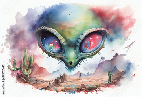 Watercolor Illustration of a Intelligent Extraterrestrial Species Life. Generative AI