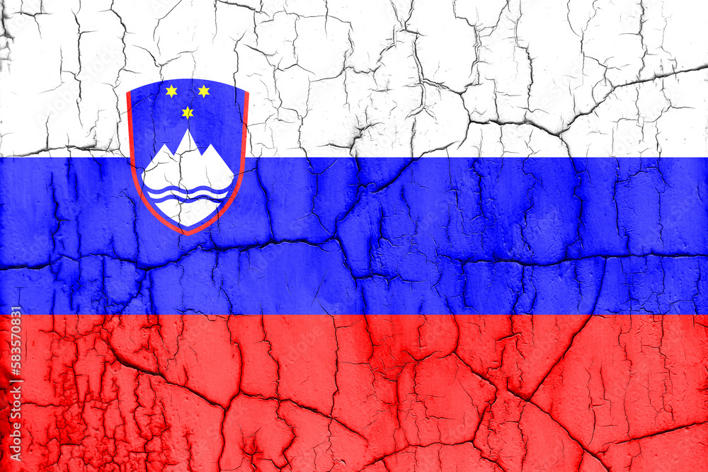 Flag of Slovenia on cracked wall, textured background.