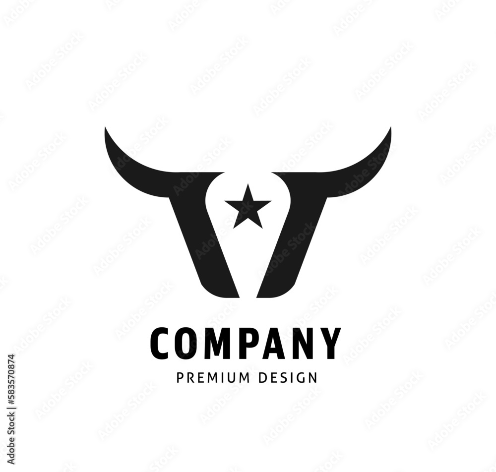Minimalistic logo design of bull horns and a star isolated on a white background Minimalistic logo design of bull horns and a star isolated on a white background