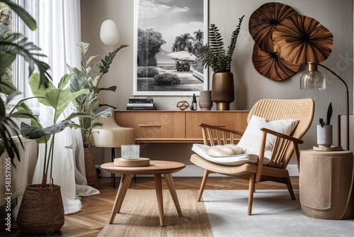 Beautifully decorated living room in a Scandinavian apartment with a fashionable chair  a timepiece  abstract art  a leafy tropical plant  a large letter  and fine accents. modern interior design. Tem