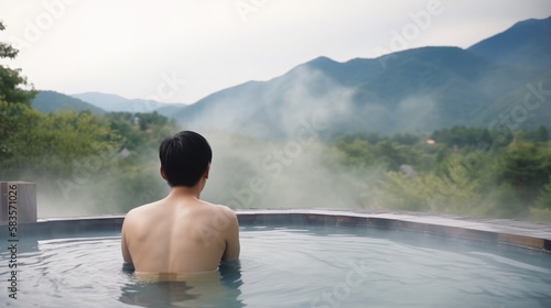 Back of Asian man relaxing in outdoor hot bath with mountains view. Generative AI.