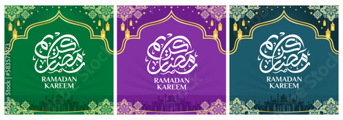 Islamic ornament template for background, banner, poster, cover design, envelope, social media feed. Ramadan Kareem and eid mubarak 2023 concept, blue background, muslim lantern, pattern