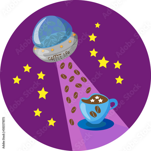 vector illustration space coffee - coffee ufo and cup with coffee among stars