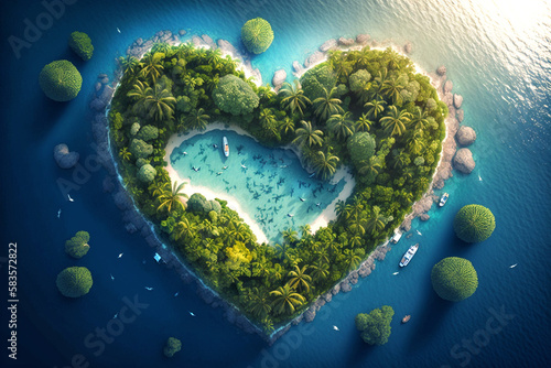 herzförmige Insel mit Palmen und Strand, generative AI photo