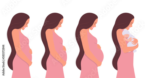 Pregnancy stages. Beautiful smiling woman in the first, second, and third trimesters of pregnancy and with a newborn baby. Vector illustration in a flat style. Isolated on a white background.