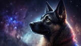 a shepherd dog portrait with a galaxy background