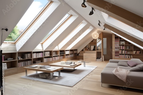 A modern attic inside is a stylish and functional living space that has been designed to make the most of the unique characteristics of an attic. Generative AI