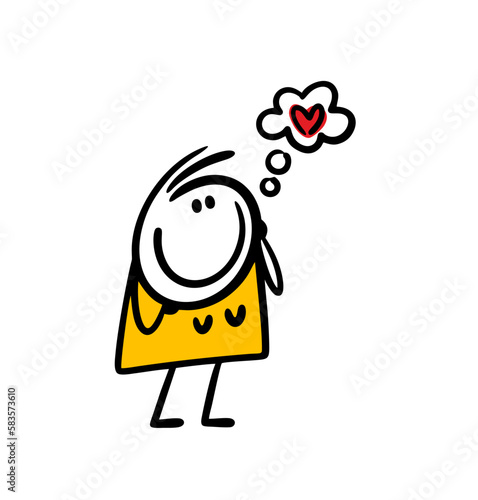 Cartoon romantic woman dreaming of love with heart in comics bubble.