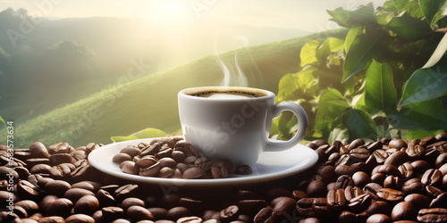 frischer heißer Kaffee mit natürlichen Hintergrund, generative AI