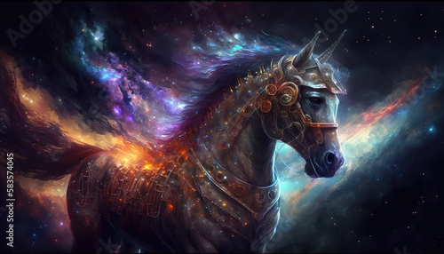 a medieval scifi horse in the galaxy  epic armor  wallpaper art