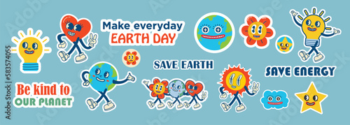Save the planet stickers in trendy retro cartoon style. Set of Earth Day posters. Postcards for World Environment Day. Funny vector illustrations of planet Earth, sun and eco stickers
