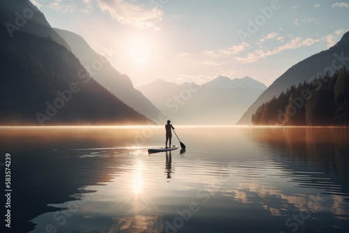 man is enjoying a peaceful morning on a mountain lake while traveling by SUP board at sunrise. Generative AI