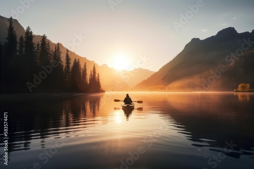 Obraz na plátně A man travelling in a kayak in a lake at sunrise in mountains is a peaceful and serene scene that captures the beauty and tranquility of nature