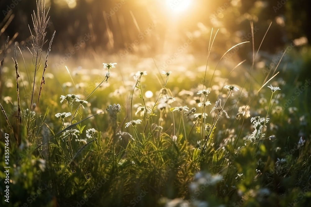 Wildflower Meadow. Green plant Background with Blurred Wildlife