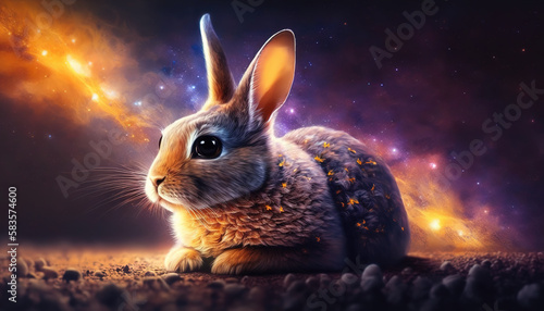 a lovely bunny in the space with scifi background