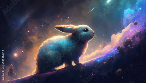 a sad looking bunny in space, fairytale artwork with scifi