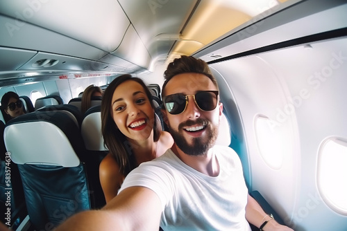 tourists taking a selfie while boarding on a airplane . Generative AI © Fabrizio
