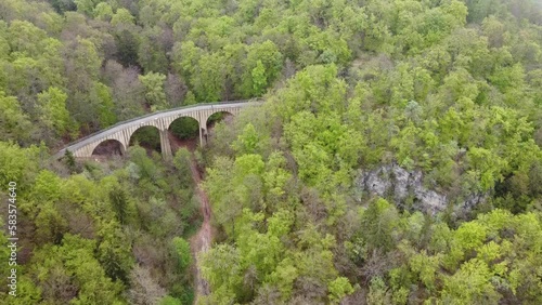 Aerial push rise flying over bridge. the bridge by a viaduct in the forest.