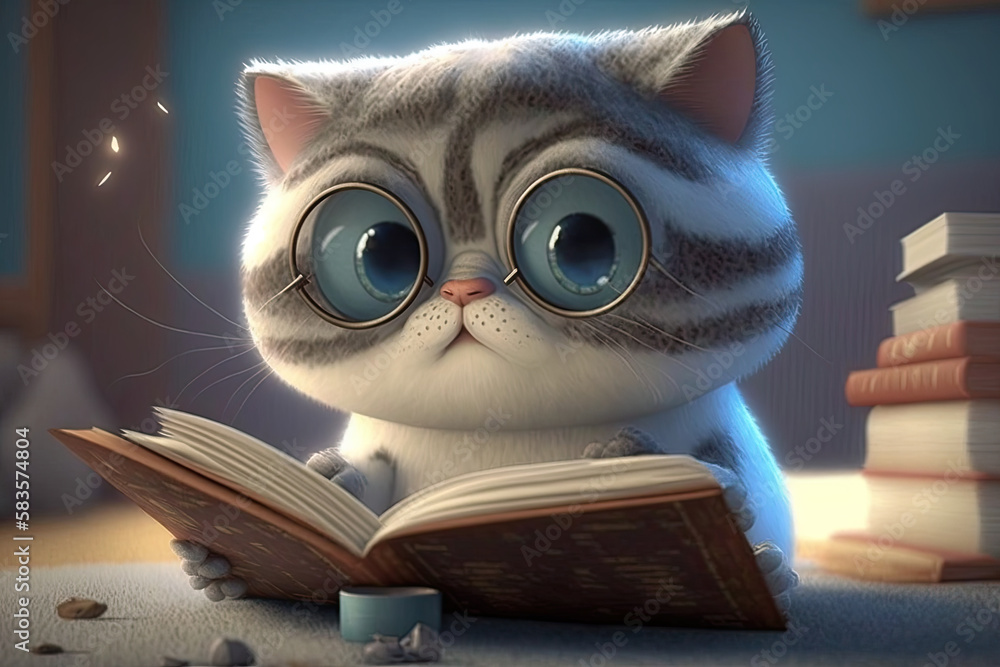 Cute Cartoon Cat Reading a Book, generative AI