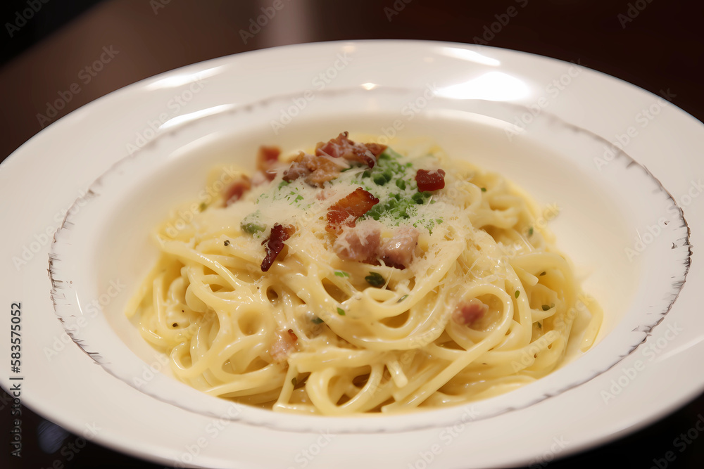 Carbonara - Italy - Spaghetti, guanciale or pancetta, eggs, Pecorino Romano cheese, black pepper (Generative AI)