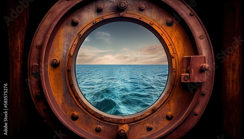 Porthole with ocean view. View of the silent sea surface through a rusty porthole of the ship. Old ship cabin window. Generative AI. photo