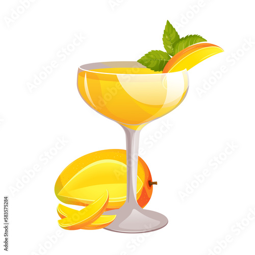 Mango daiquiri.Alcoholic refreshing drink with mint and mango slices.Vector illustration.