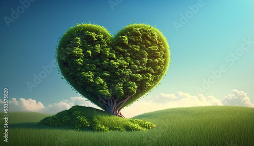 A heart shaped tree on a panoramic landscape