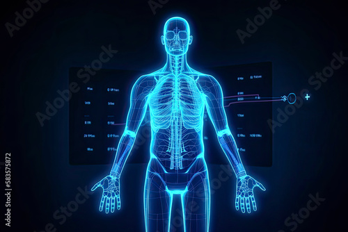 a human body hologram with virtual reality glasses on observing the interior of the body on a blue digital screen